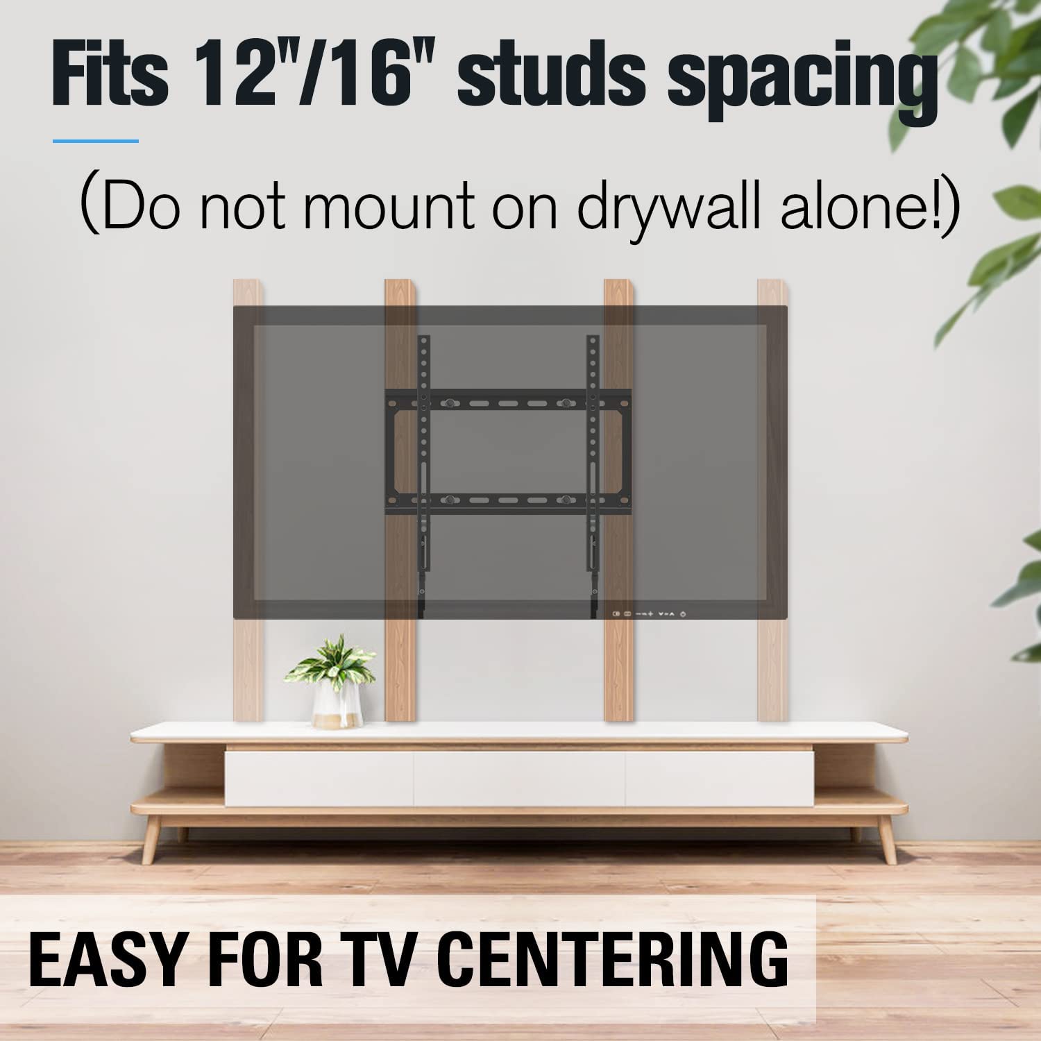 fixed tv mount for 12''/16'' wood stud with easy tv centering