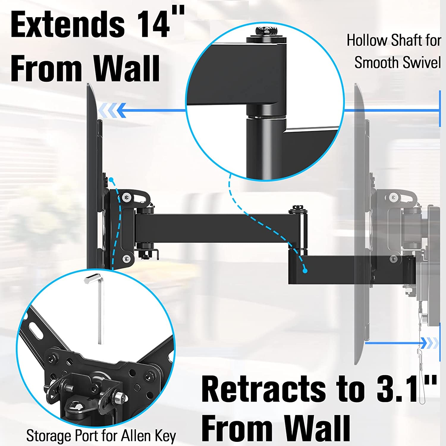 TV mount in RV with 14'' extension and 3.1'' profile