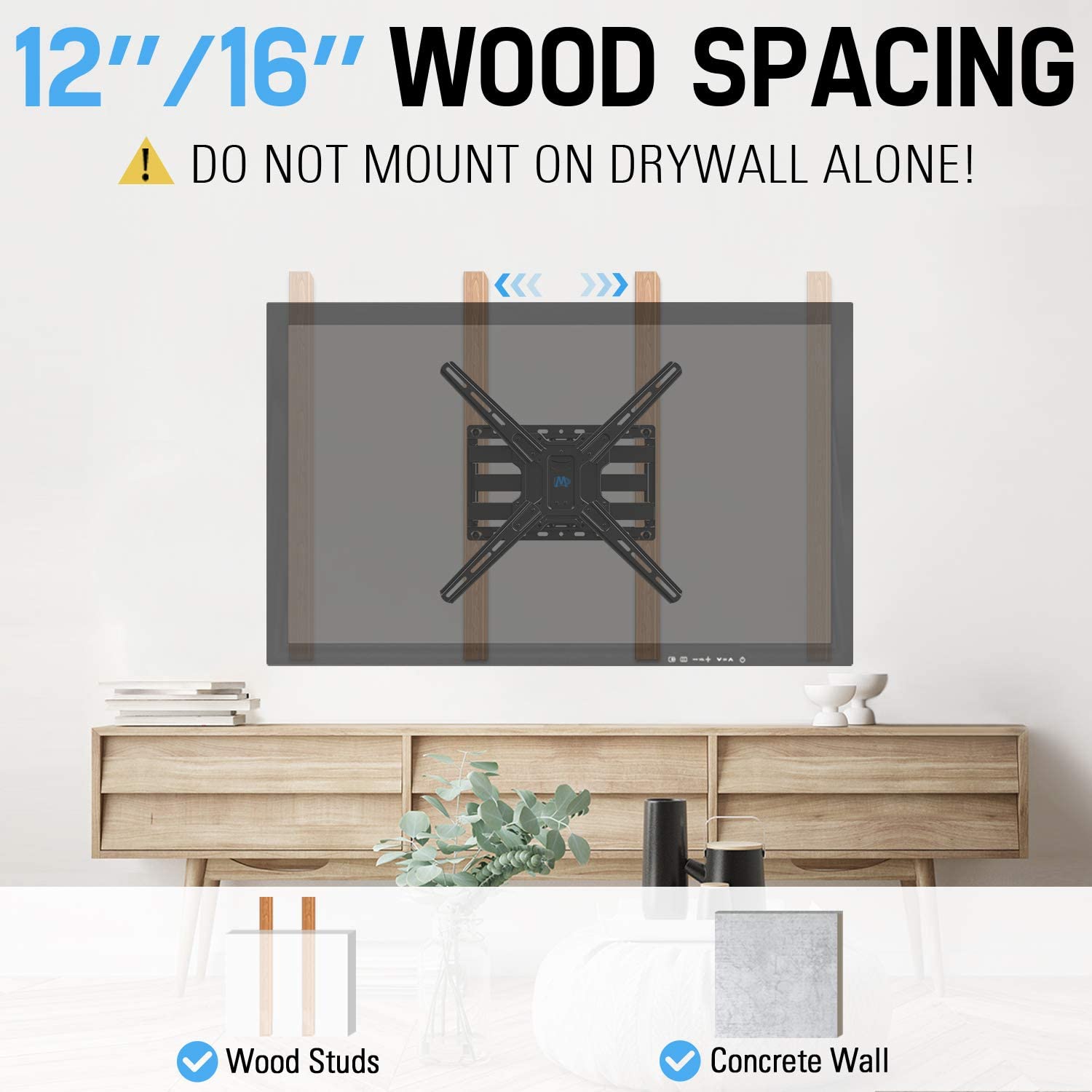 65 inch TV wall mount installs on 12''/16'' wood stud or concrete wall