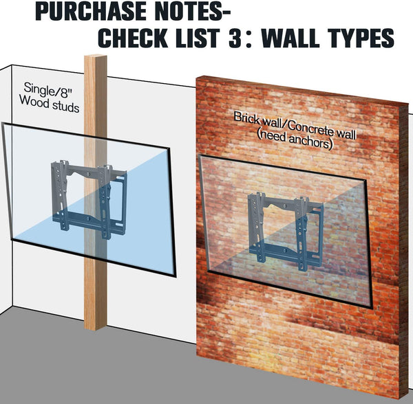 tilted TV wall mount suits single/8'' wood stud spacing or concrete/brick wall