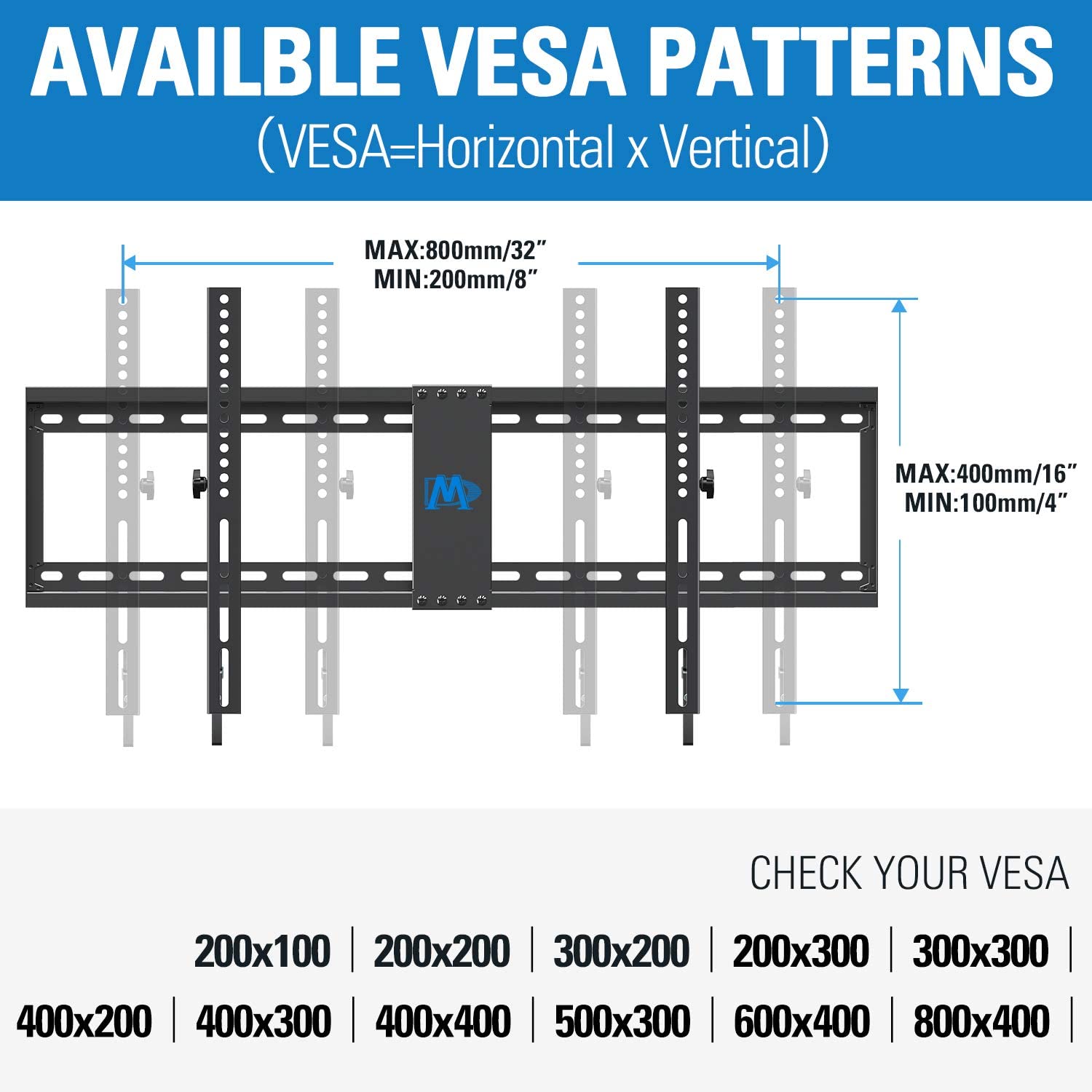 86 inch TV wall mount fits VESA from 200×100 mm to 800×400 mm