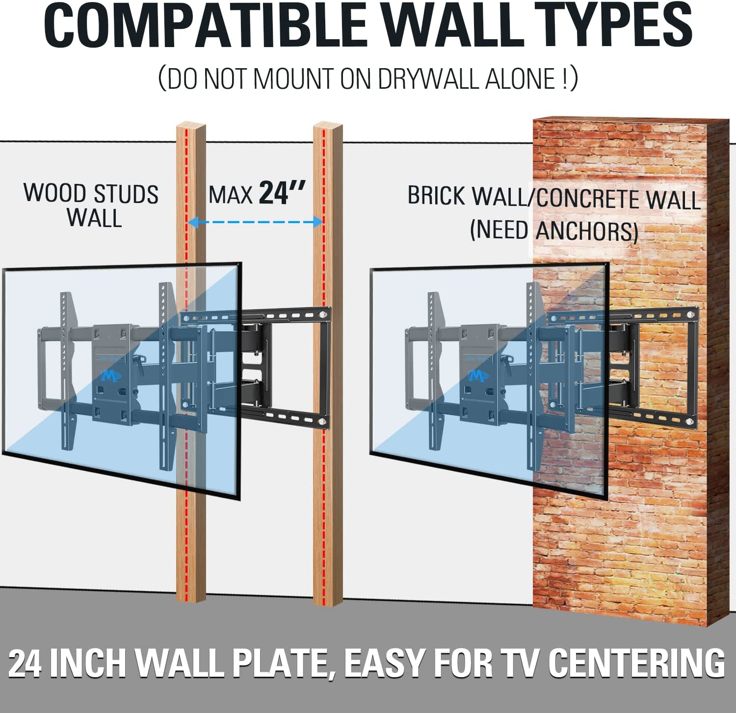 16/18/24 inch wood studs or concrete wall TV mount