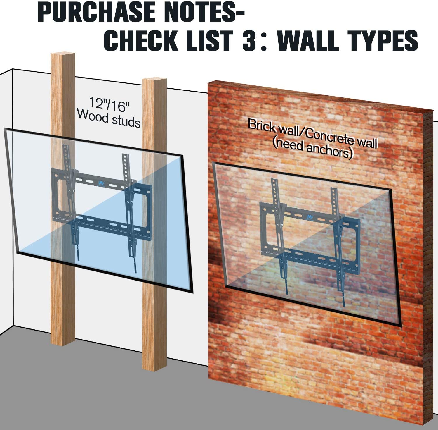 mounting 55 inch TV wall mount on concrete wall or wood studs