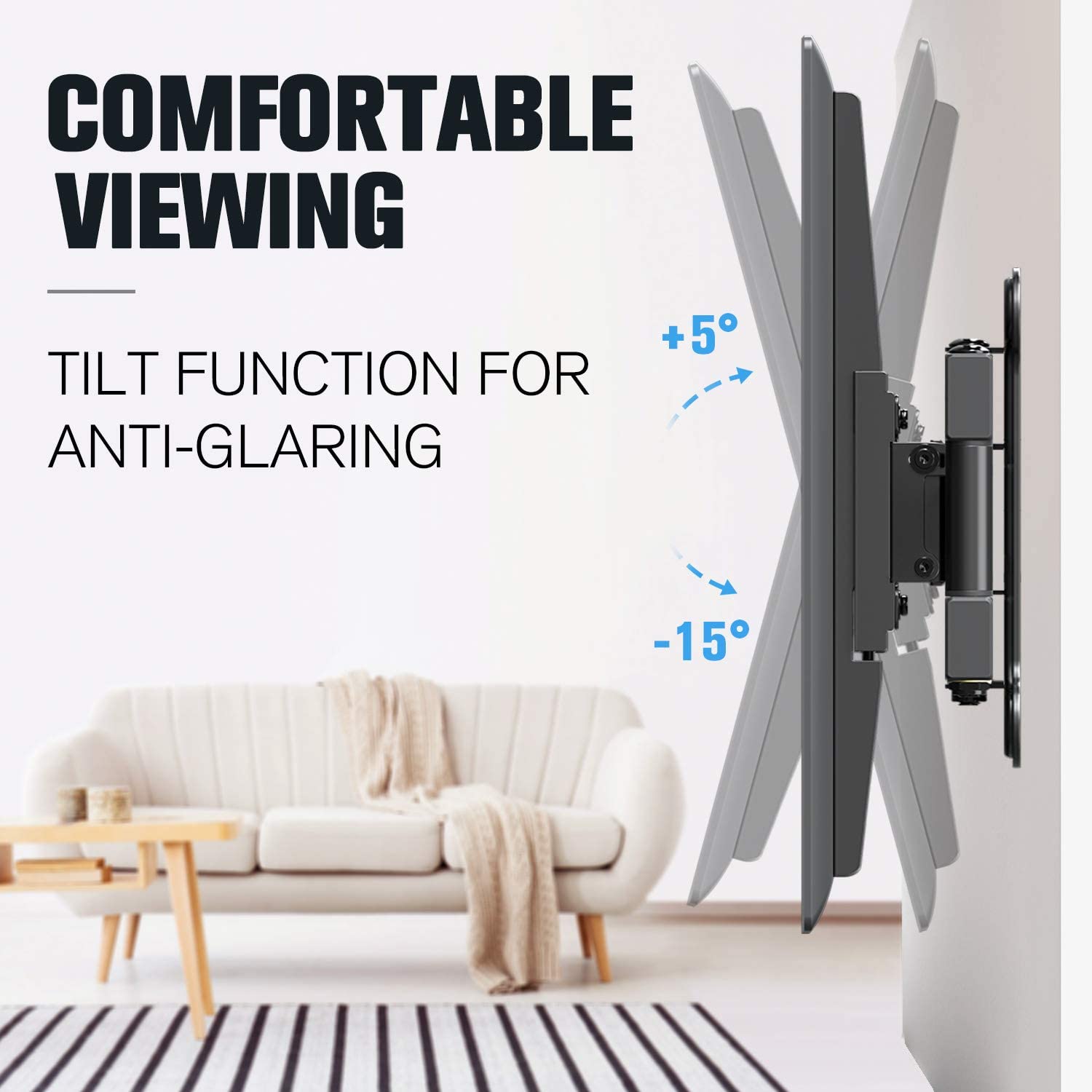 full motion tv wall mount with 5° forward and 15° backward to reduce glare