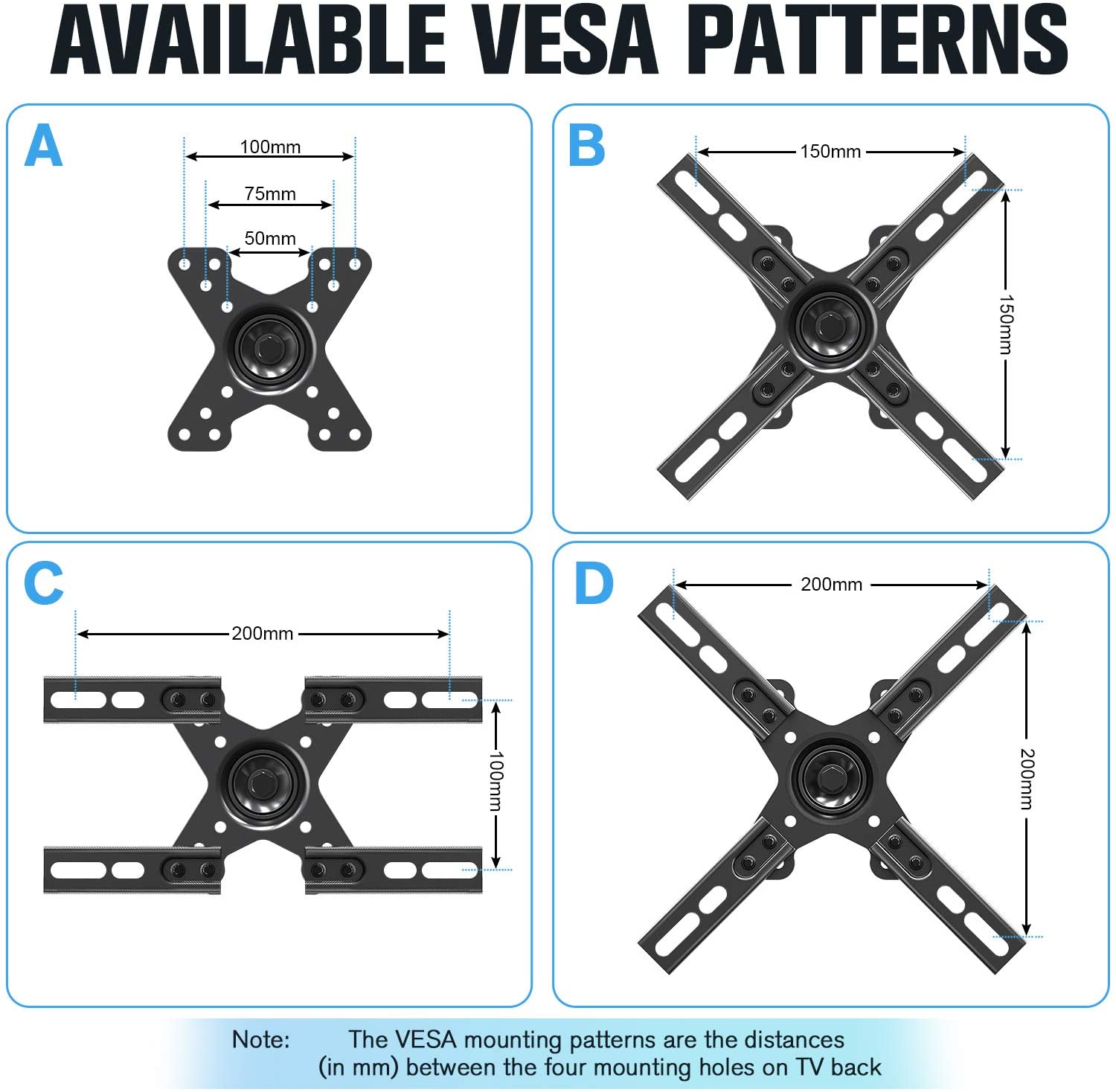 VESA 200x100 75x75 50x50 TV wall mount