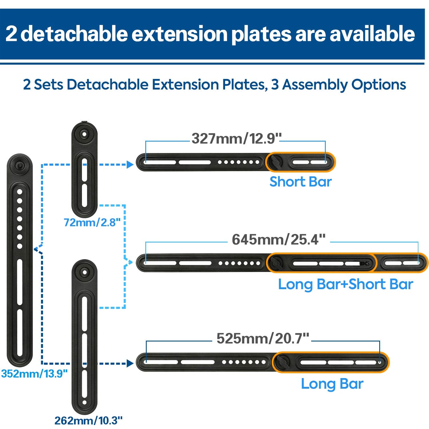 Soundbar wall mount with 2 detachable extension bar for different soundbars