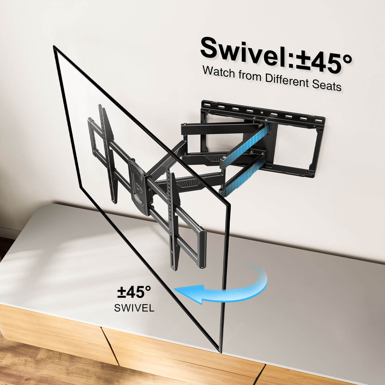 articulating tv mount with 16‘’ swivel and tilt the TV to get comfortable viewing